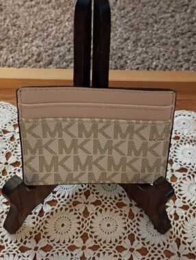 Michael Kors Monogram Print Faux Leather, Pink, Card Slot Wallet,2.75x3.9.3